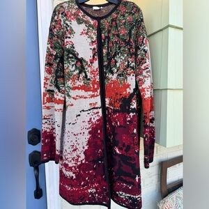 J. Jill Luxurious Black Multi Scenic Jacquard Knit Cardigan Duster Womens Size L